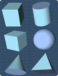 Basic Solids: rectangular solid, cylinder, cube, sphere, cone and pyramid.